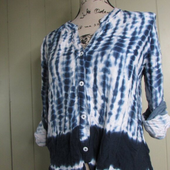 Philosophy Blouse S Tie Dye Blue White Roll Cuff Sleeve - Picture 6 of 16